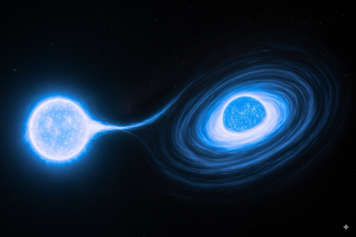 Mass transfer in an Algol binary: stream from donor to disc around accretor.